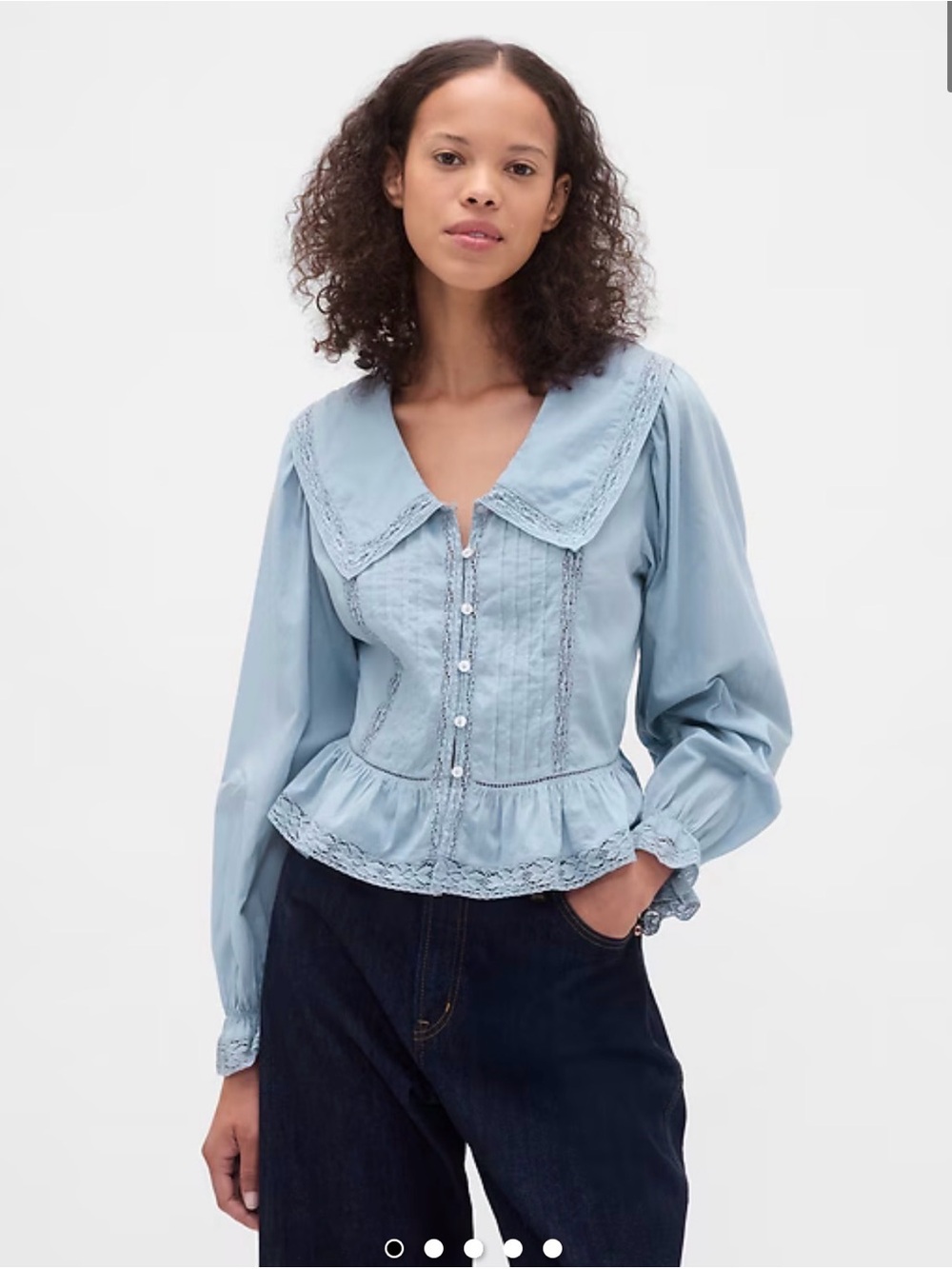 GAP Light Blue Lace-Trim Peplum Button-Front Blouse